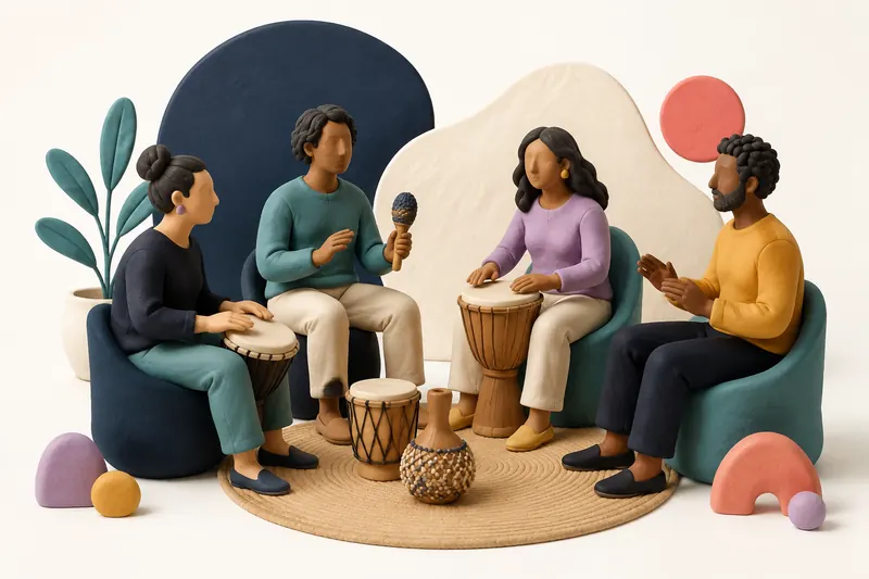 Ilustración de cuatro personas adultas compartiendo ritmos con tambores, una sonaja y palmas.
