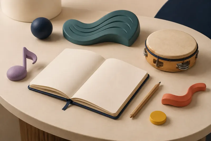 Ilustración de un cuaderno en blanco, un lápiz, una pandereta y una nota musical.