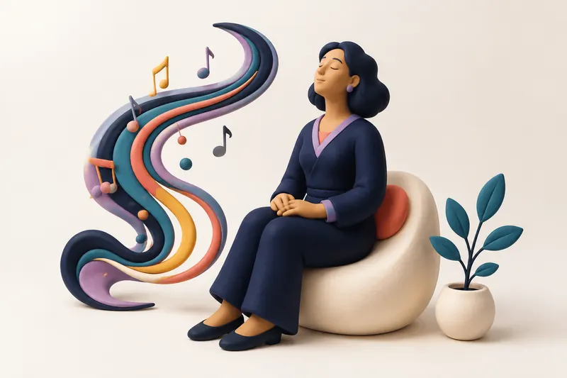 Ilustración de una mujer sentada con los ojos cerrados, junto a formas musicales y una planta.