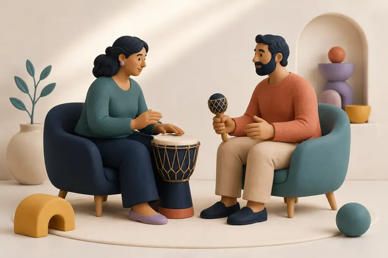 Ilustración de dos personas adultas compartiendo música con un tambor de mano y una sonaja.